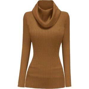 Women’s Cowl Neck Brown Stretchable Knit Long Sleeve Bodycon Slim Sexy Sweater